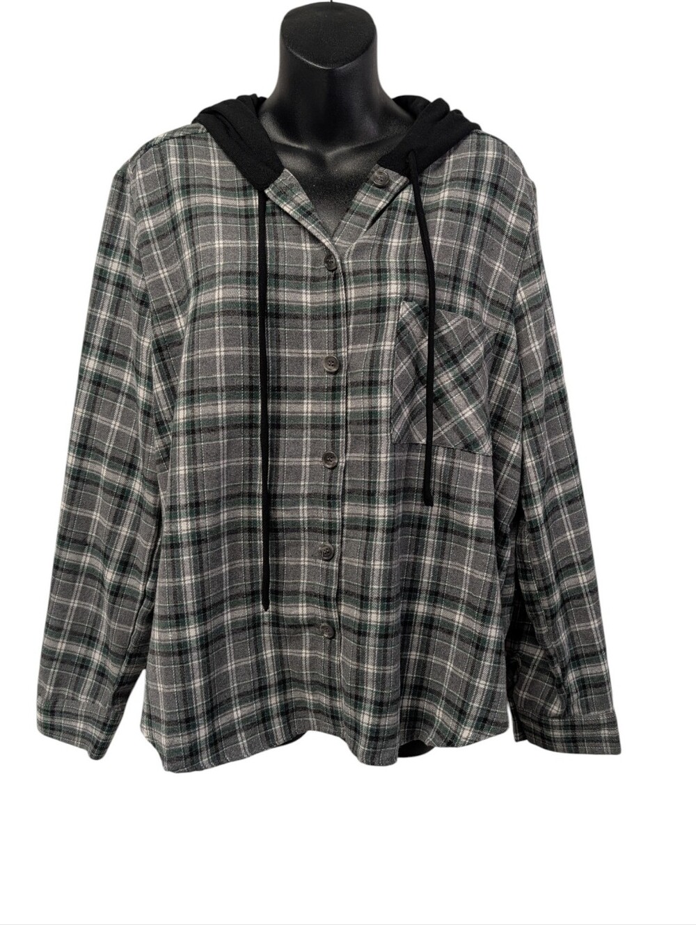 Lily Star Women's Size L Gray Green Plaid Hooded Flannel Button Up Shirt